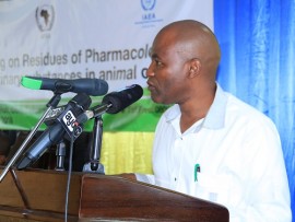  The Deputy Minister for the  Ministry of Health, Community Development, Gender, Elderly and Children, Dr. Faustine Ndugulile officiating the start of  Regional Training on Laboratory Analysis on Vet Pharmacologically Active Substance in Animal Offal.